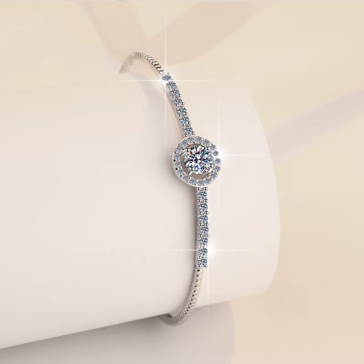 GRA Certified Moissanite Bracelet – Round Cut Stones, PT950 Plated 925 Sterling Silver