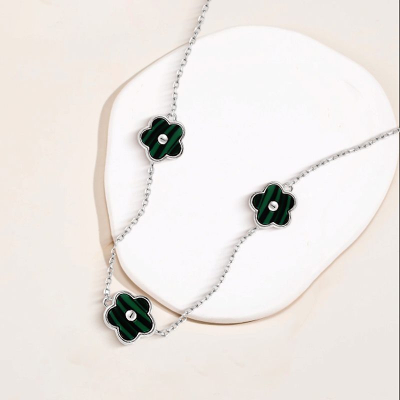 Delicate Sterling Silver Necklace with Malachite Flower Pendant