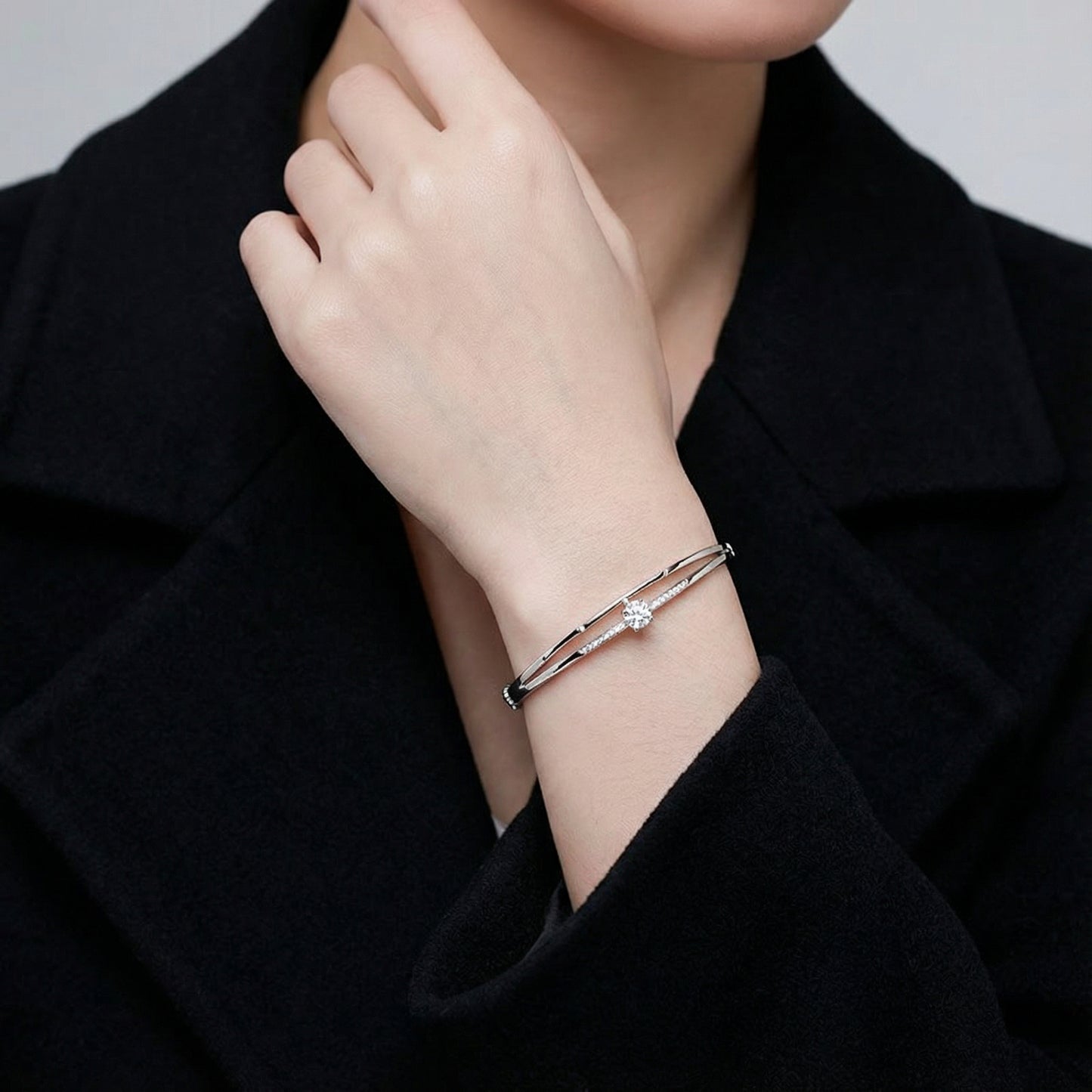 Real S925 Sterling Silver Double-Layer Diamond Bracelet for Women