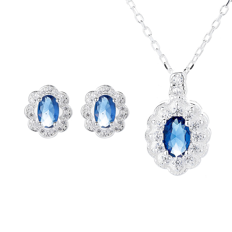 Elegant Blue Jewelry Set – 925 Sterling Silver Vintage Necklace & Earrings for Women