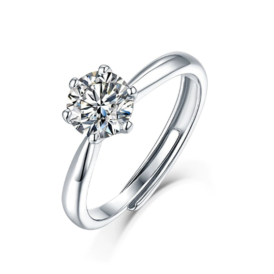 S925 Sterling Silver Adjustable Moissanite Ring 1 ct Ring – Six-Claw Round Cut, Platinum-Plated, Minimalist Luxury