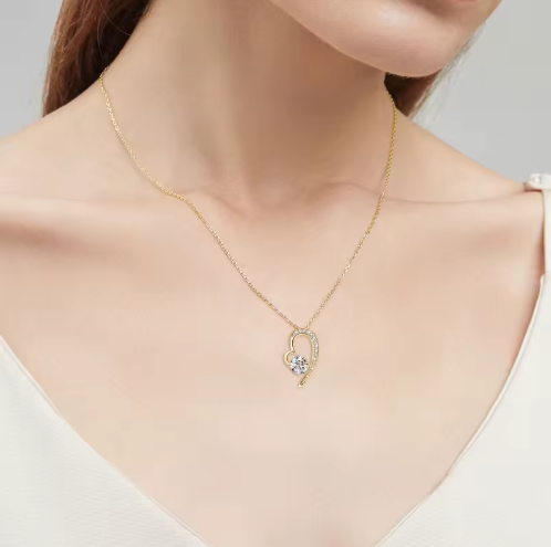 Timeless Gold-Plated Moissanite Heart Necklace – 925 Sterling Silver Pendant