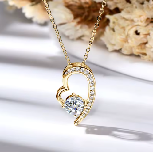 Timeless Gold-Plated Moissanite Heart Necklace – 925 Sterling Silver Pendant