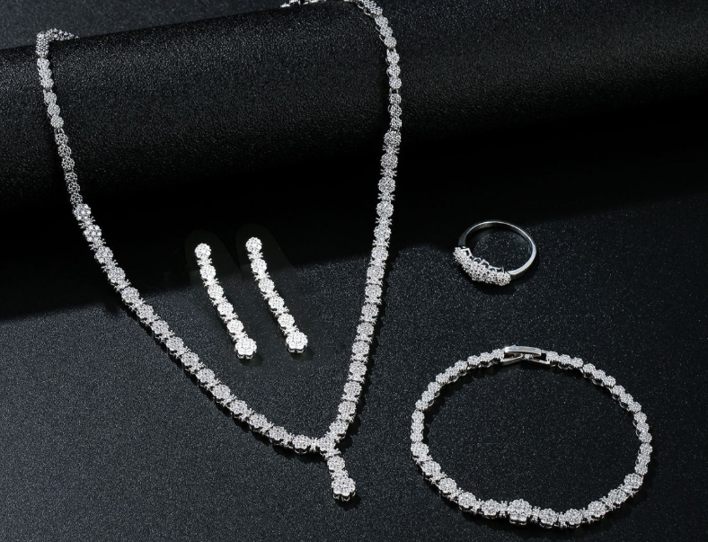 4-Piece Bridal Jewelry Set – CZ Crystal Necklace, Earrings, Bracelet & Ring, Wedding Accessories