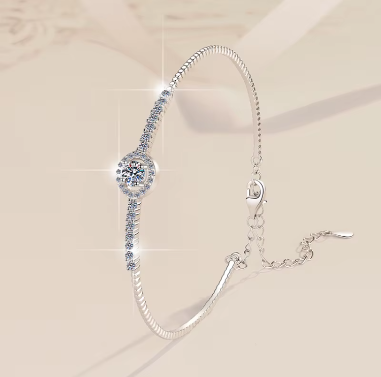 GRA Certified Moissanite Bracelet – Round Cut Stones, PT950 Plated 925 Sterling Silver
