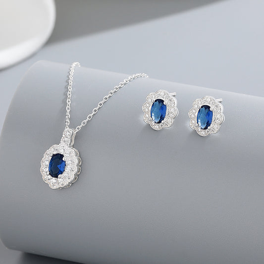 Elegant Blue Jewelry Set – 925 Sterling Silver Vintage Necklace & Earrings for Women