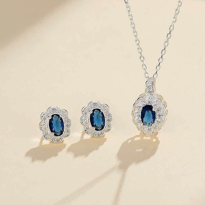 Elegant Blue Jewelry Set – 925 Sterling Silver Vintage Necklace & Earrings for Women